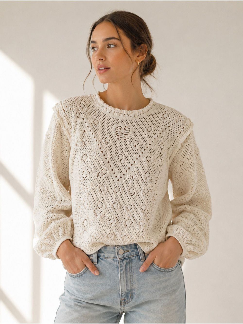 Frame Ivory Crochet Knit Long Sleeve Sweater Size M | Feminine Boho